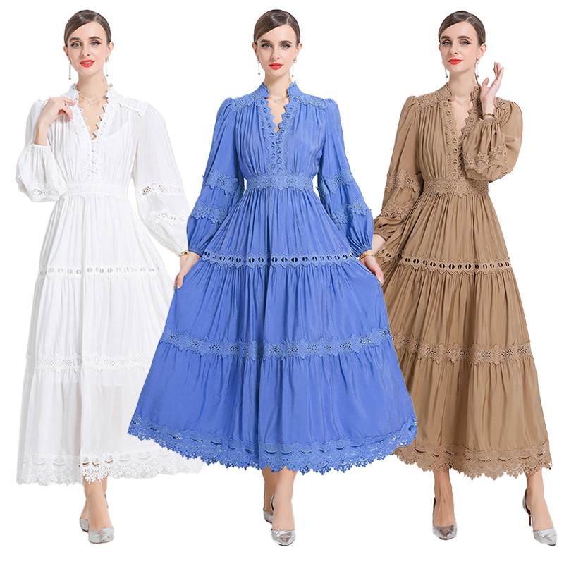 Autumn lantern sleeve long lace V-neck dress