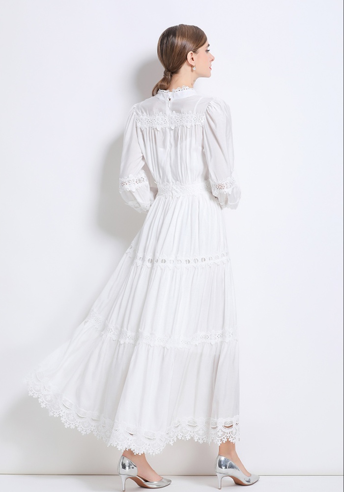 Autumn lantern sleeve long lace V-neck dress