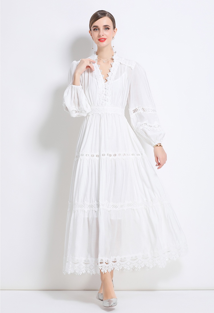 Autumn lantern sleeve long lace V-neck dress