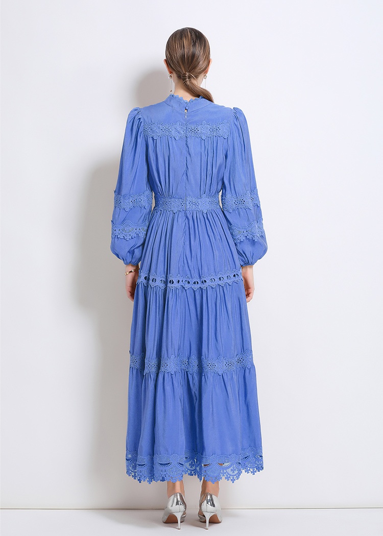 Autumn lantern sleeve long lace V-neck dress
