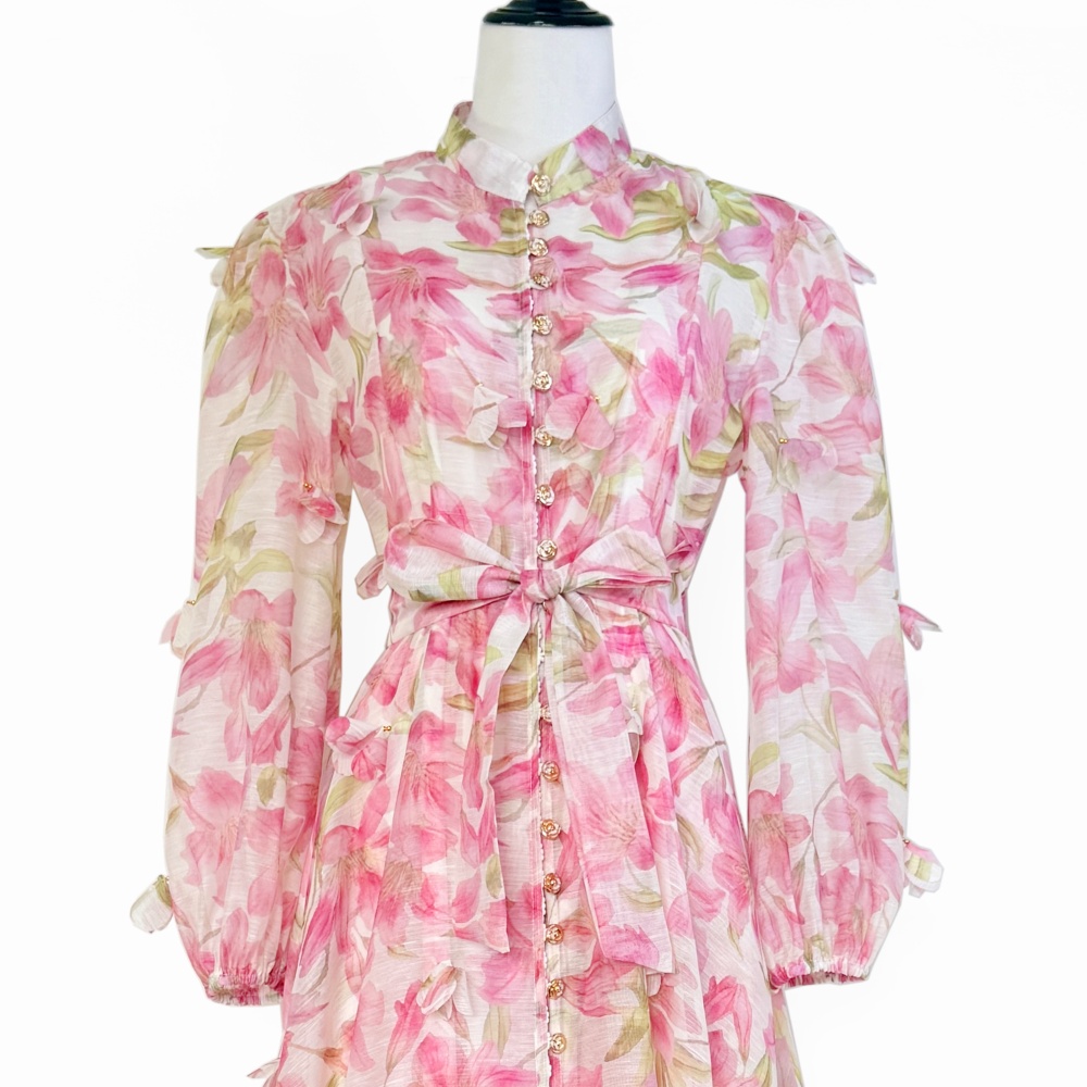 Big skirt stereoscopic flowers frenum pinched waist dress