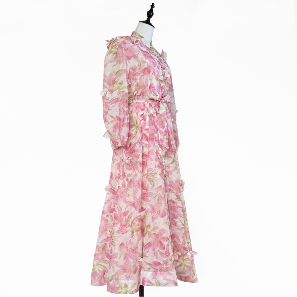 Big skirt stereoscopic flowers frenum pinched waist dress