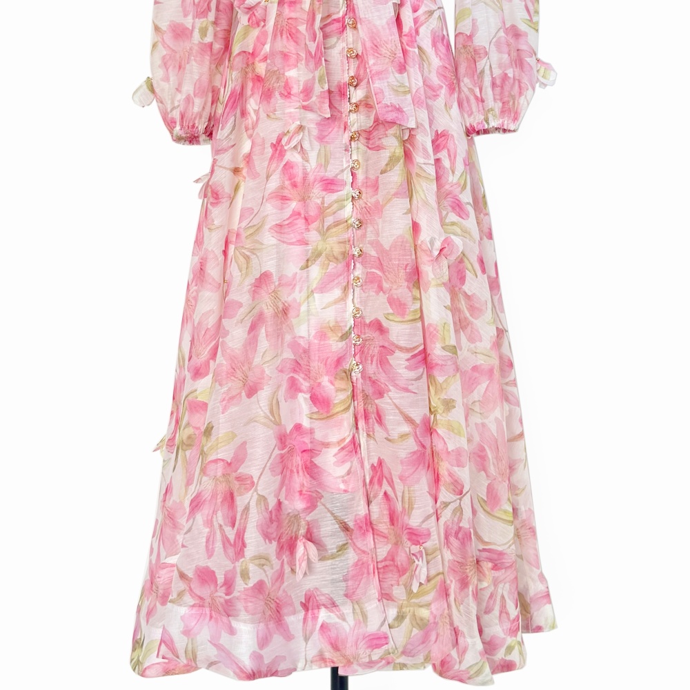 Big skirt stereoscopic flowers frenum pinched waist dress