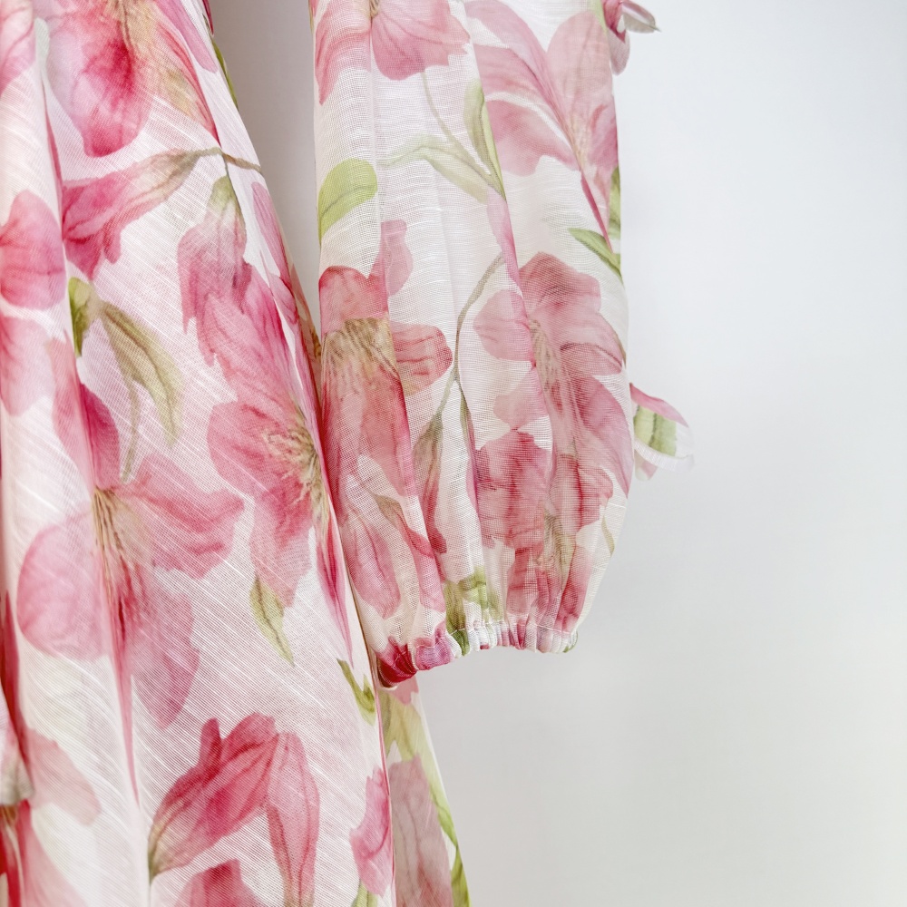 Big skirt stereoscopic flowers frenum pinched waist dress