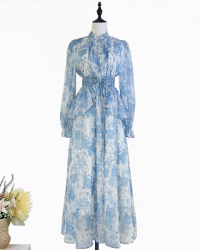 Printing round neck dress summer court style long dress