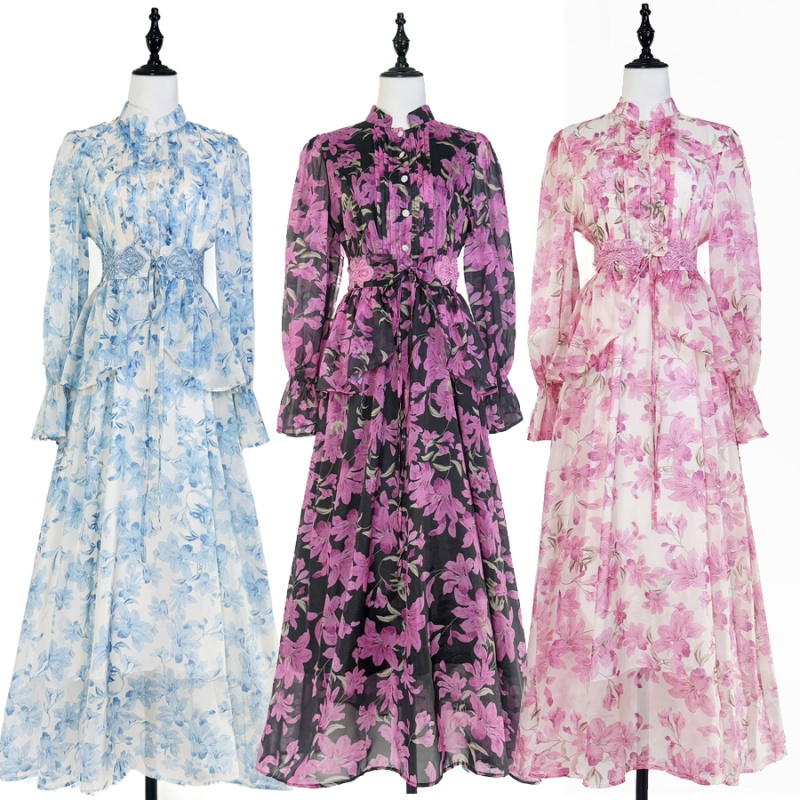 Printing round neck dress summer court style long dress