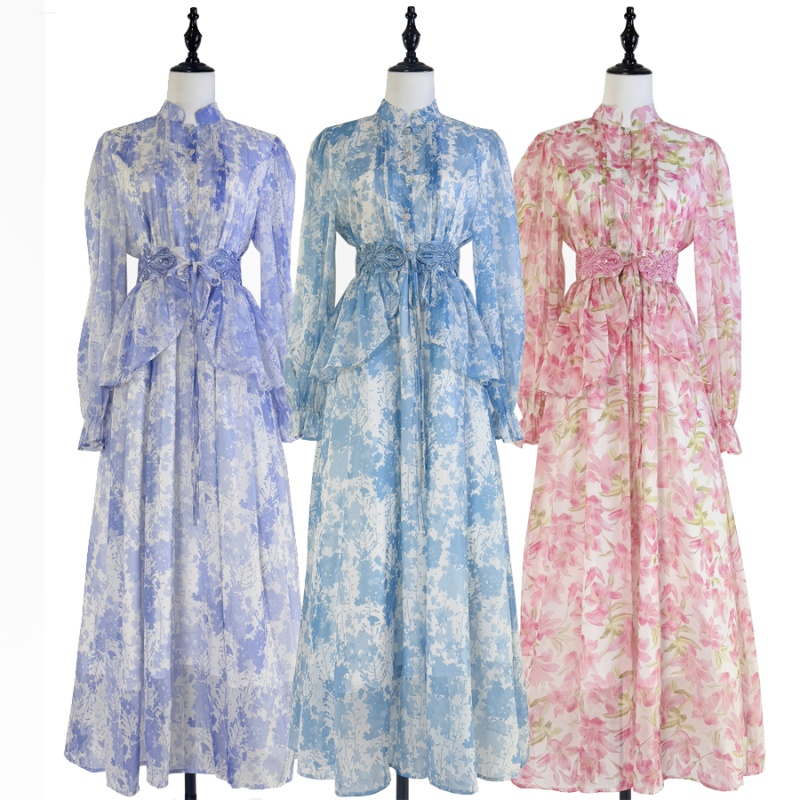 Printing round neck dress summer court style long dress