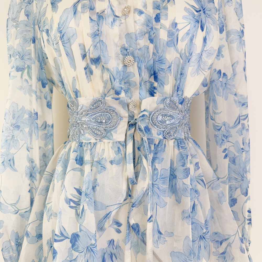 Printing round neck dress summer court style long dress