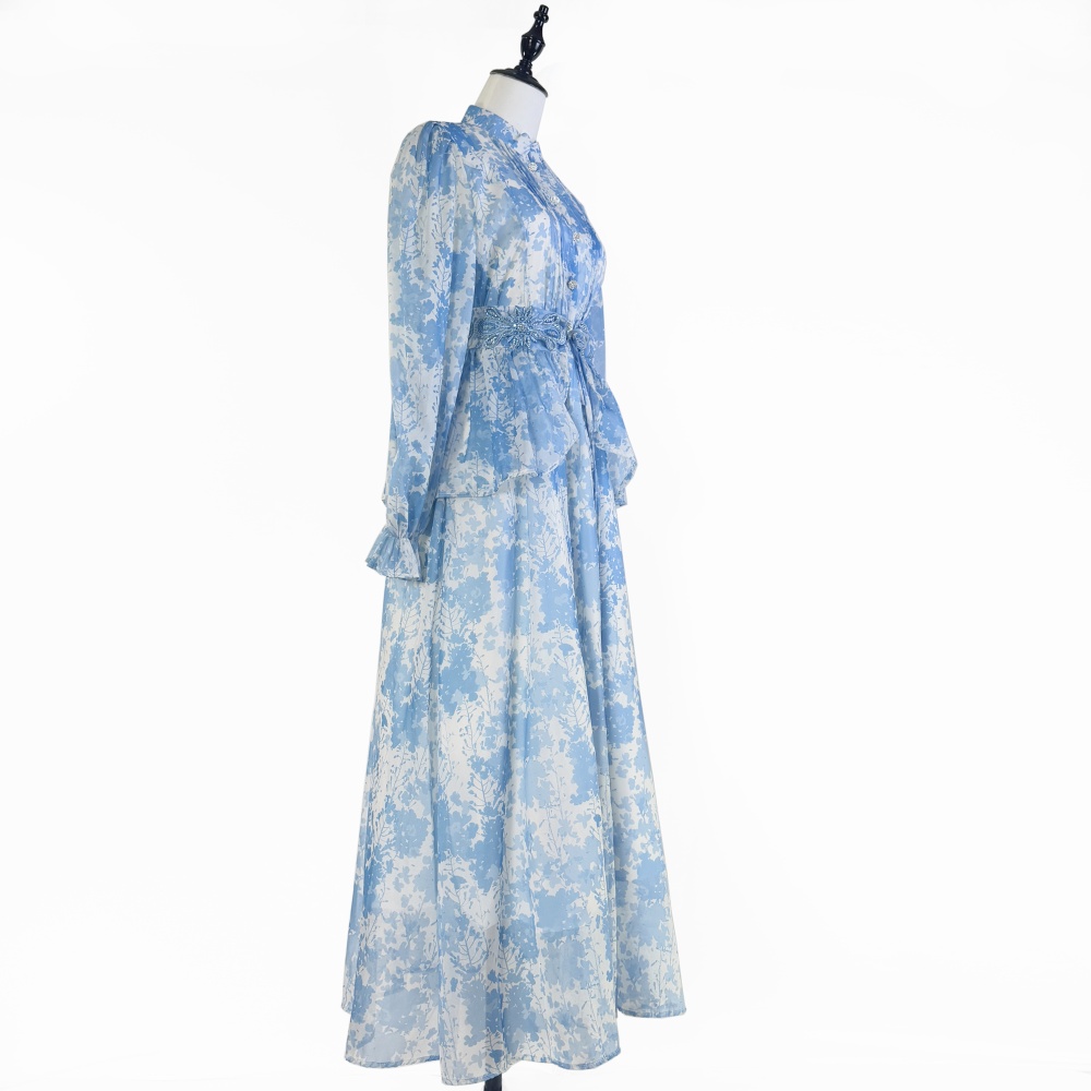 Printing round neck dress summer court style long dress