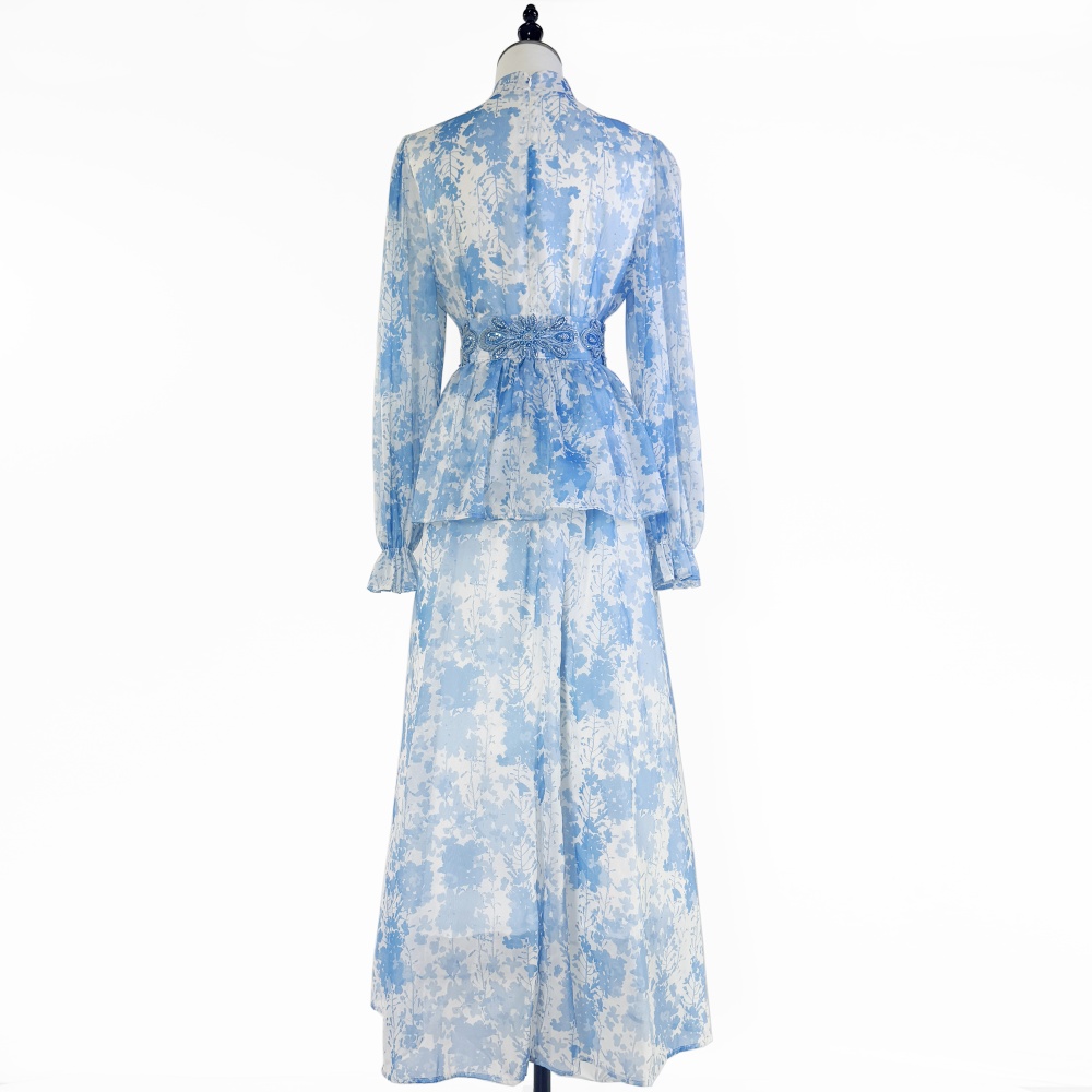 Printing round neck dress summer court style long dress