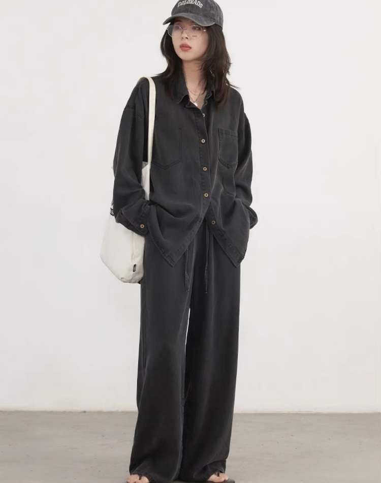 Mopping wide leg pants Korean style shirt 2pcs set for women
