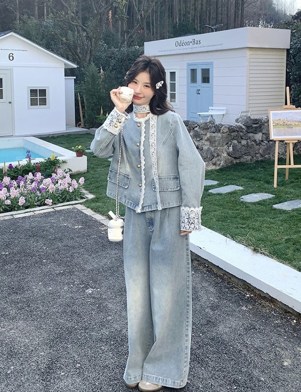 Lace wide leg pants short coat 2pcs set for women