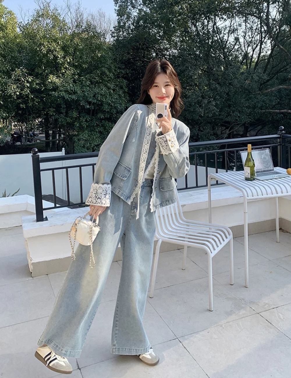 Lace wide leg pants short coat 2pcs set for women