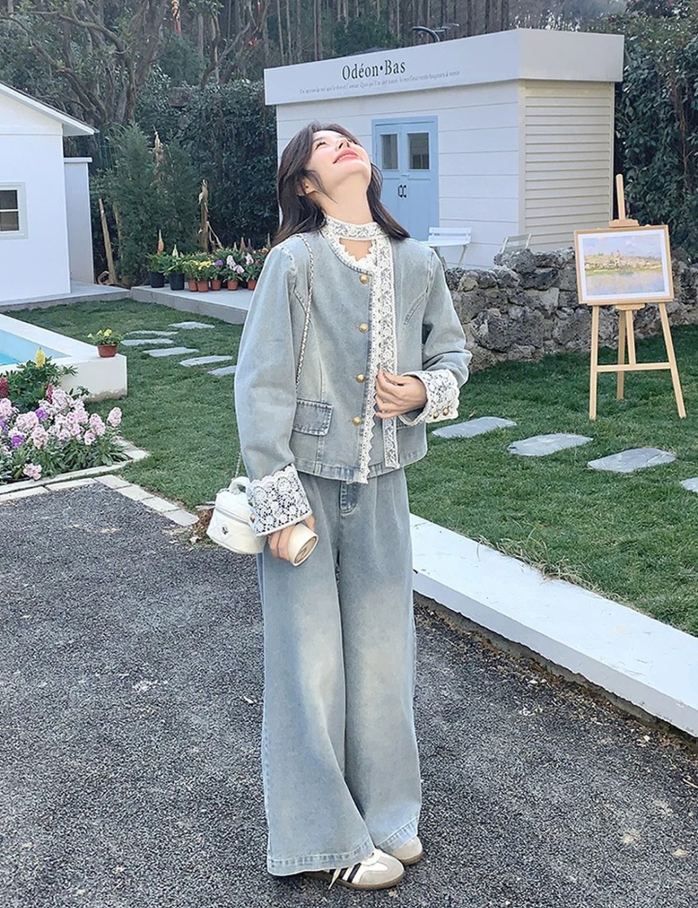 Lace wide leg pants short coat 2pcs set for women