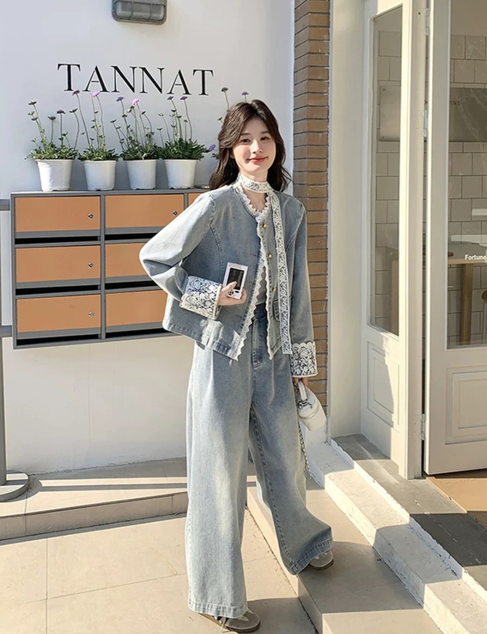 Lace wide leg pants short coat 2pcs set for women