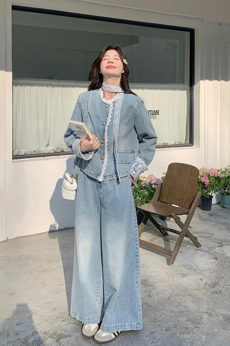 Lace wide leg pants short coat 2pcs set for women