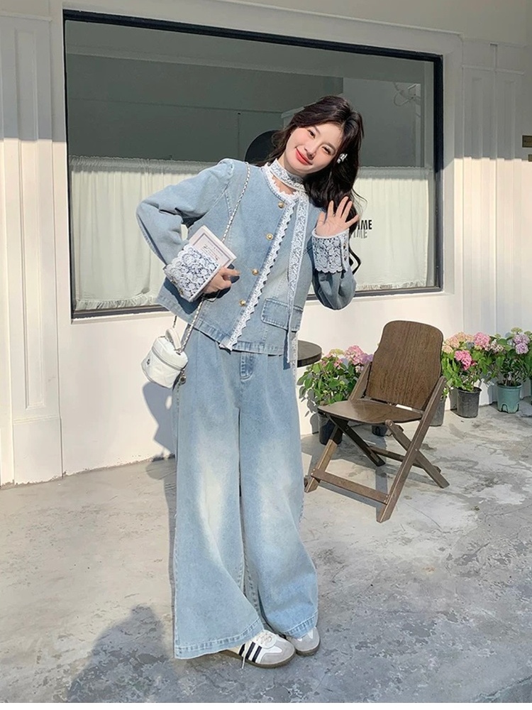 Lace wide leg pants short coat 2pcs set for women