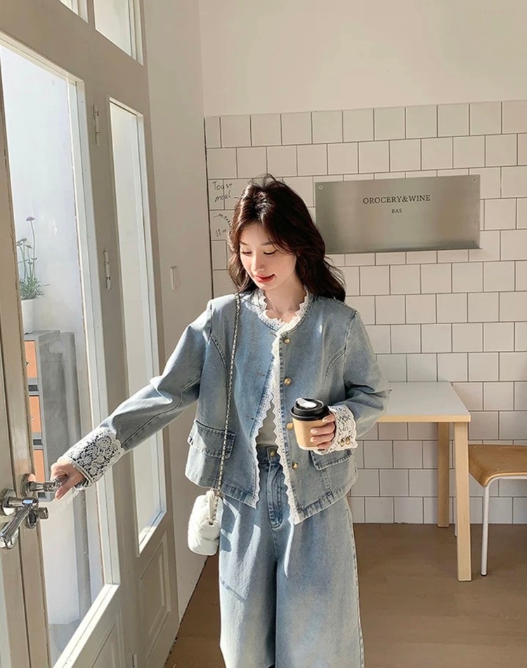 Lace wide leg pants short coat 2pcs set for women