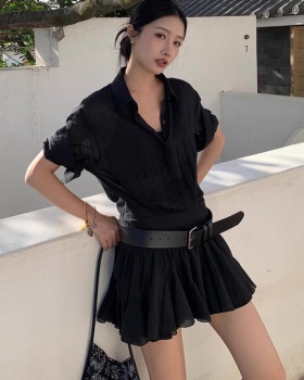 Splice slim pinched waist dress pleated Pseudo-two shirt for women