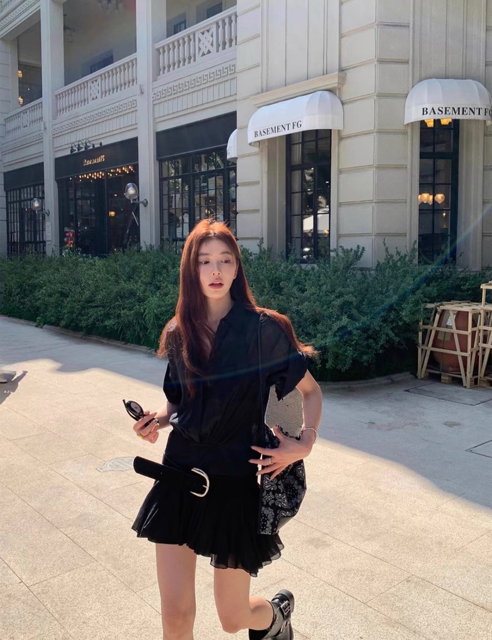Splice slim pinched waist dress pleated Pseudo-two shirt for women
