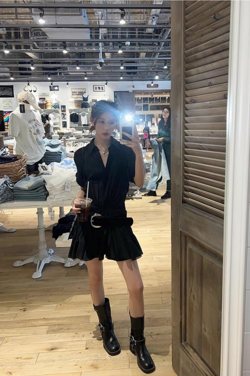 Splice slim pinched waist dress pleated Pseudo-two shirt for women