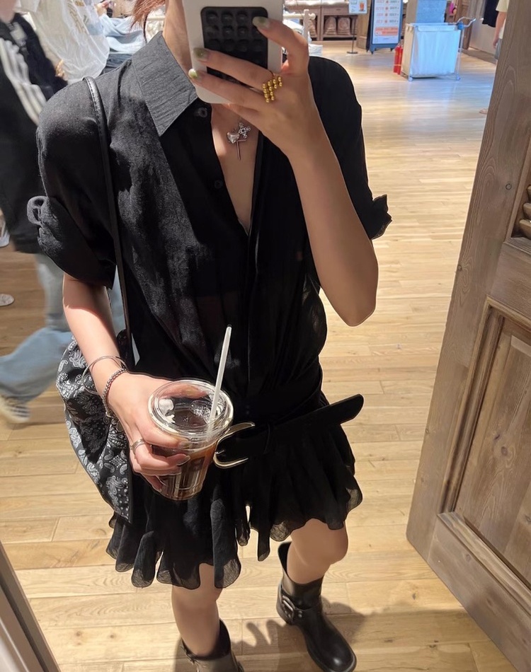 Splice slim pinched waist dress pleated Pseudo-two shirt for women