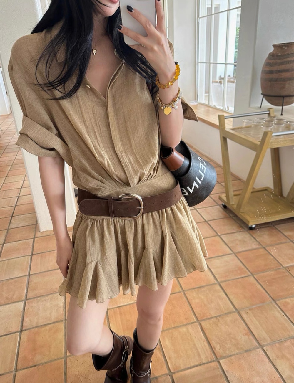 Splice slim pinched waist dress pleated Pseudo-two shirt for women