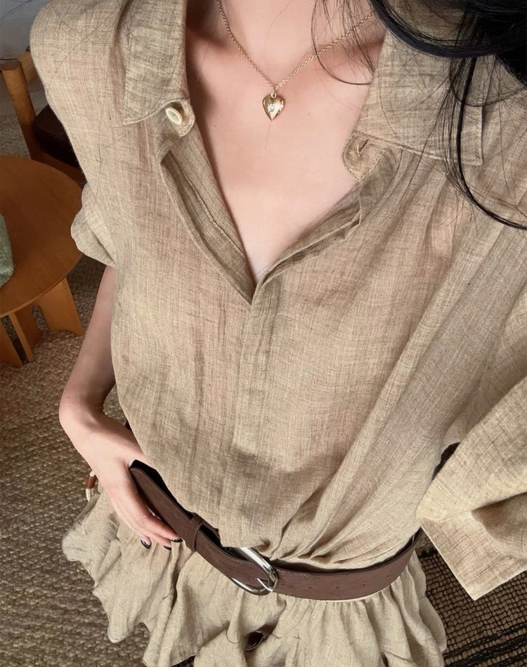 Splice slim pinched waist dress pleated Pseudo-two shirt for women