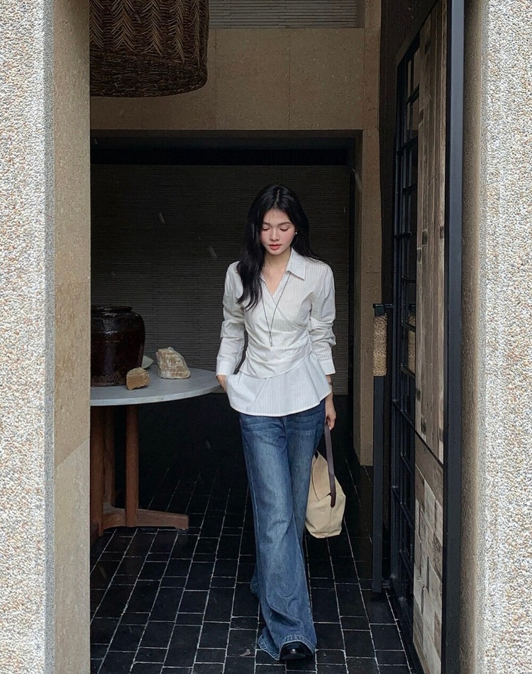 Irregular long sleeve unique temperament shirt for women
