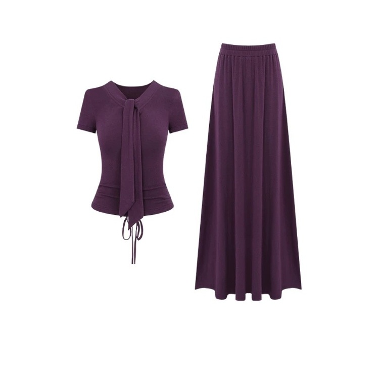 V-neck lazy T-shirt temperament skirt 2pcs set for women