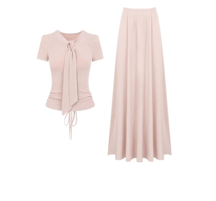 V-neck lazy T-shirt temperament skirt 2pcs set for women