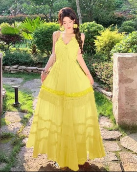 Yellow sexy France style long dress summer sling retro dress