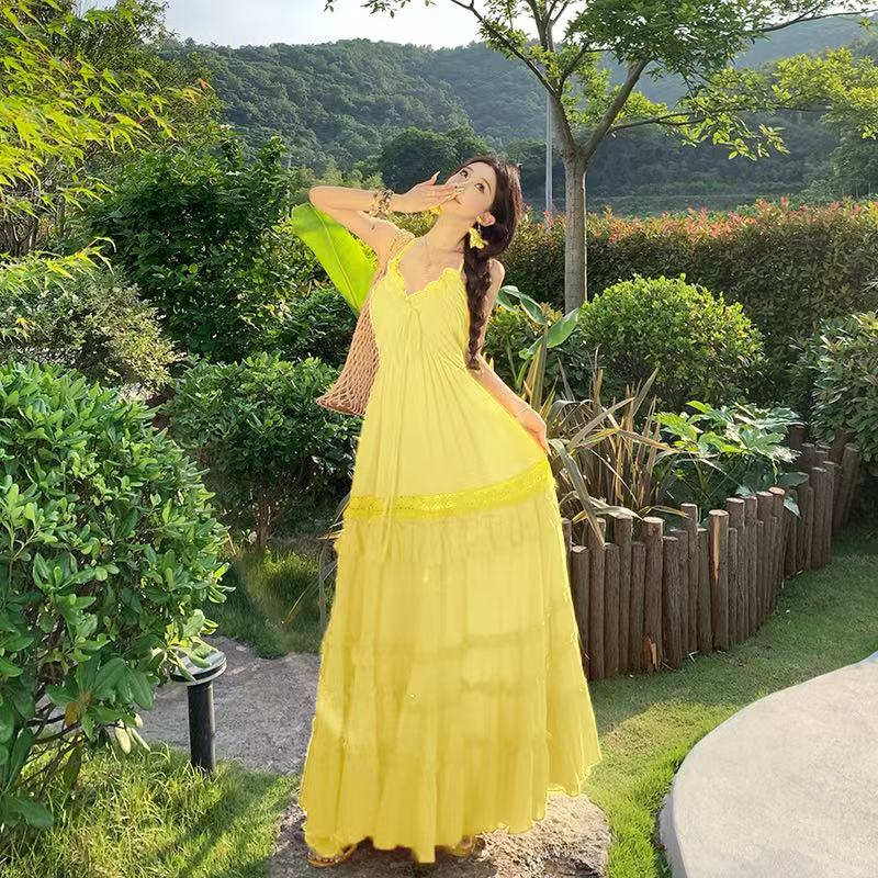 Yellow sexy France style long dress summer sling retro dress