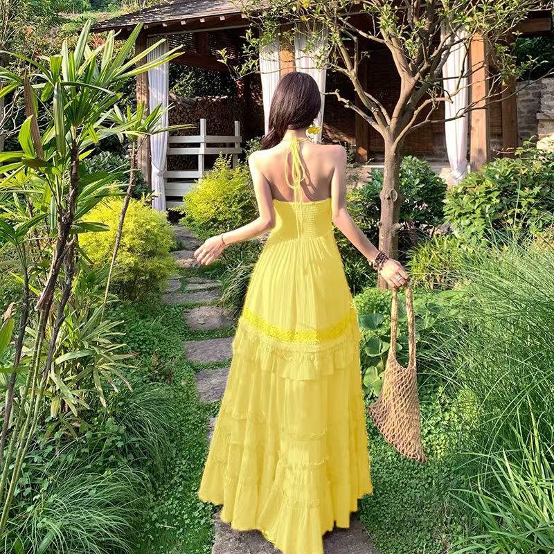 Yellow sexy France style long dress summer sling retro dress