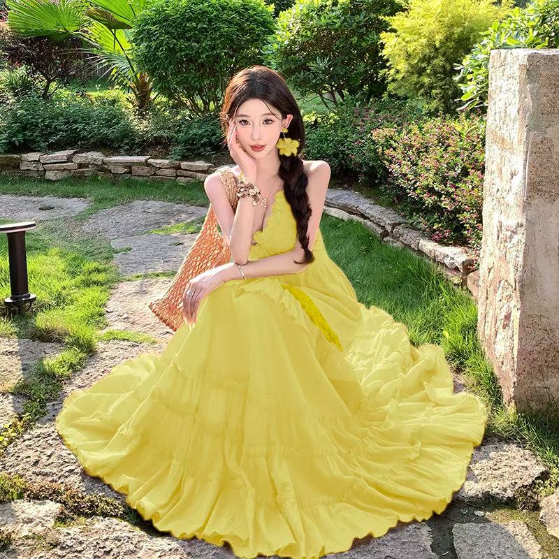 Yellow sexy France style long dress summer sling retro dress