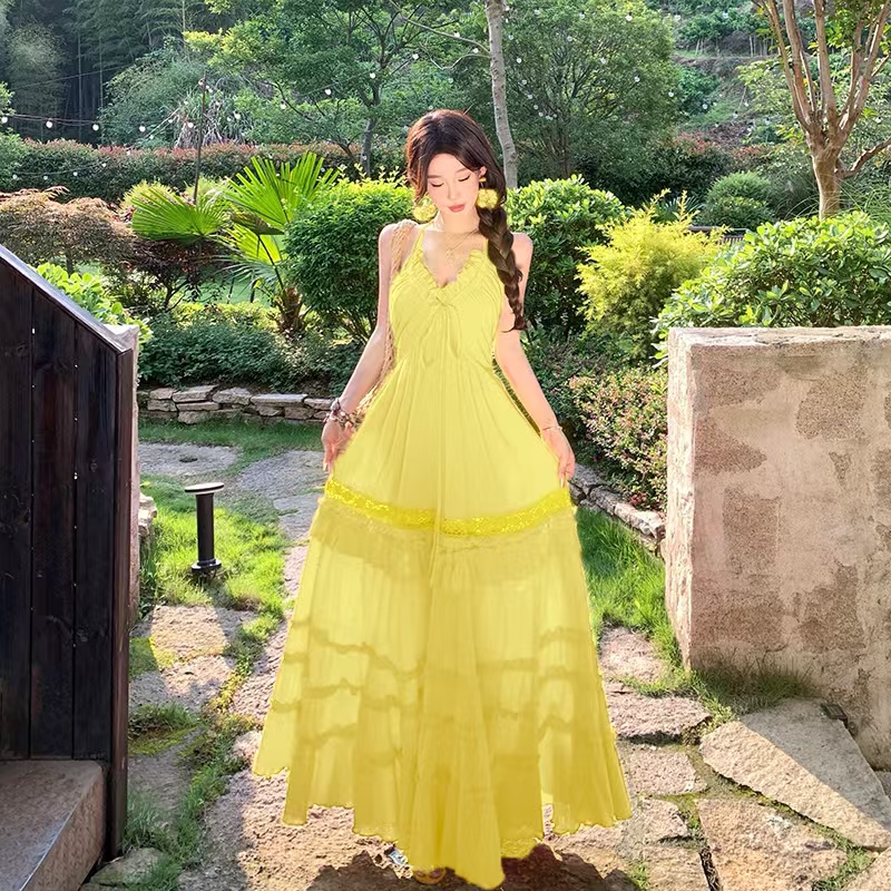 Yellow sexy France style long dress summer sling retro dress