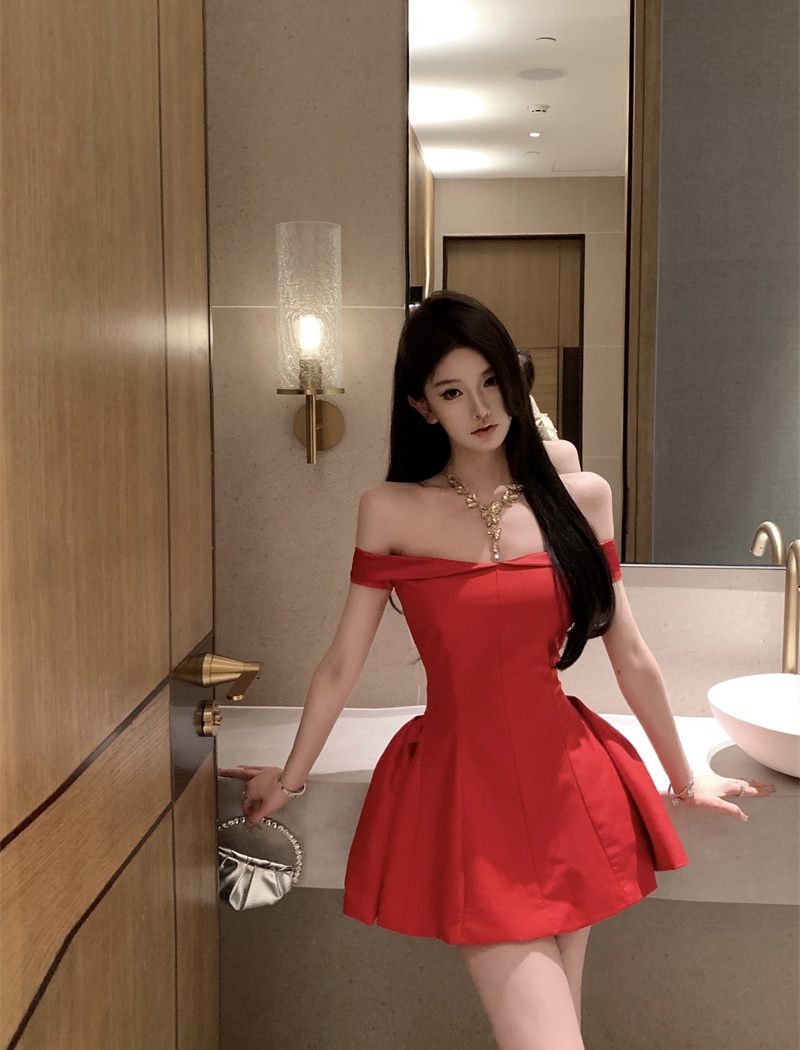 Seaside vacation pinched waist flat shoulder dress
