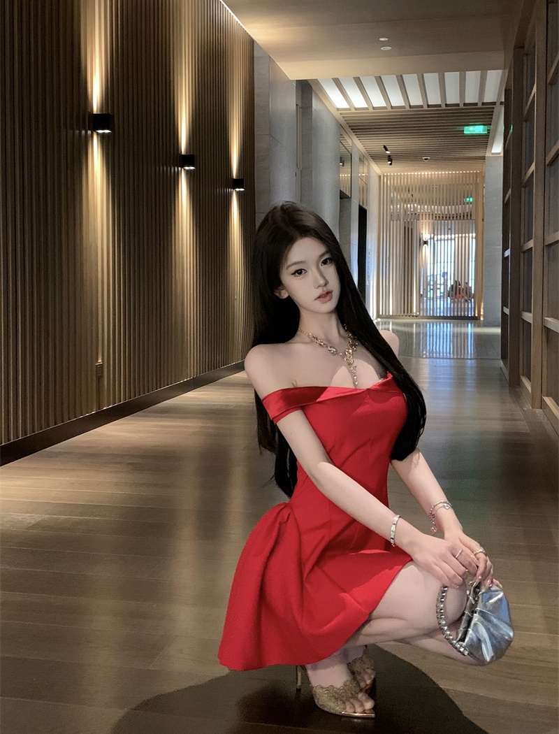 Seaside vacation pinched waist flat shoulder dress