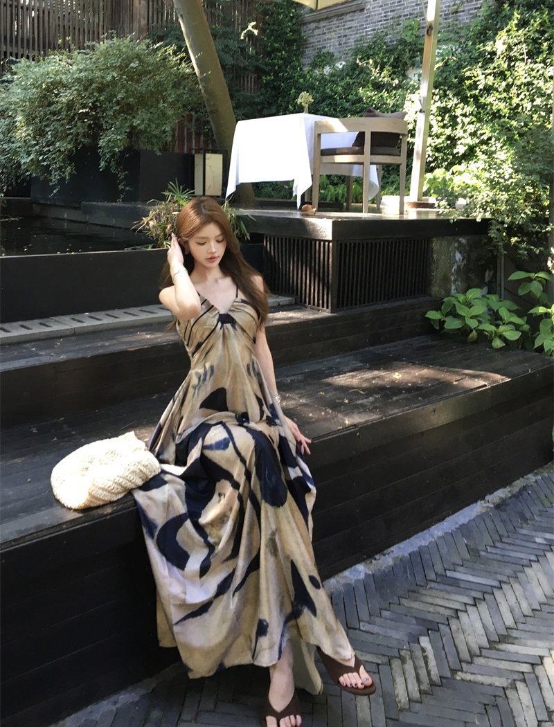 Painting blooming long dress elegant dress for women