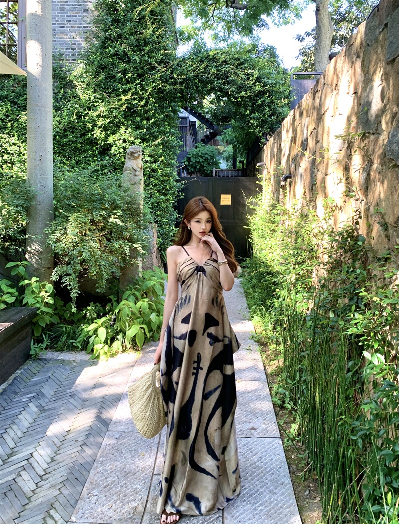 Painting blooming long dress elegant dress for women