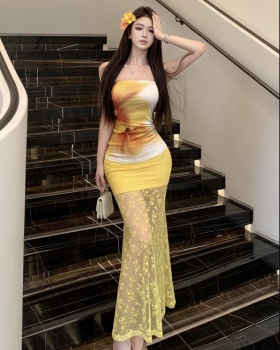 Printing yellow dress sexy long skirt 2pcs set for women