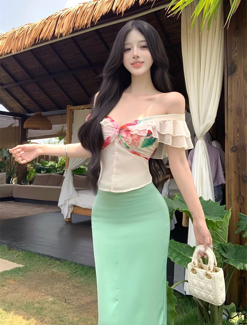 Retro canvas horizontal collar tops printing skirt a set