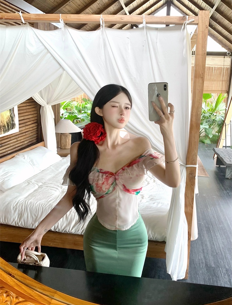 Retro canvas horizontal collar tops printing skirt a set