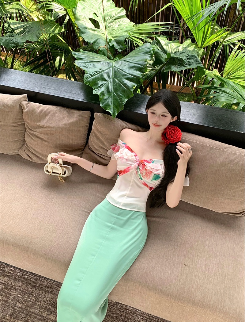 Retro canvas horizontal collar tops printing skirt a set