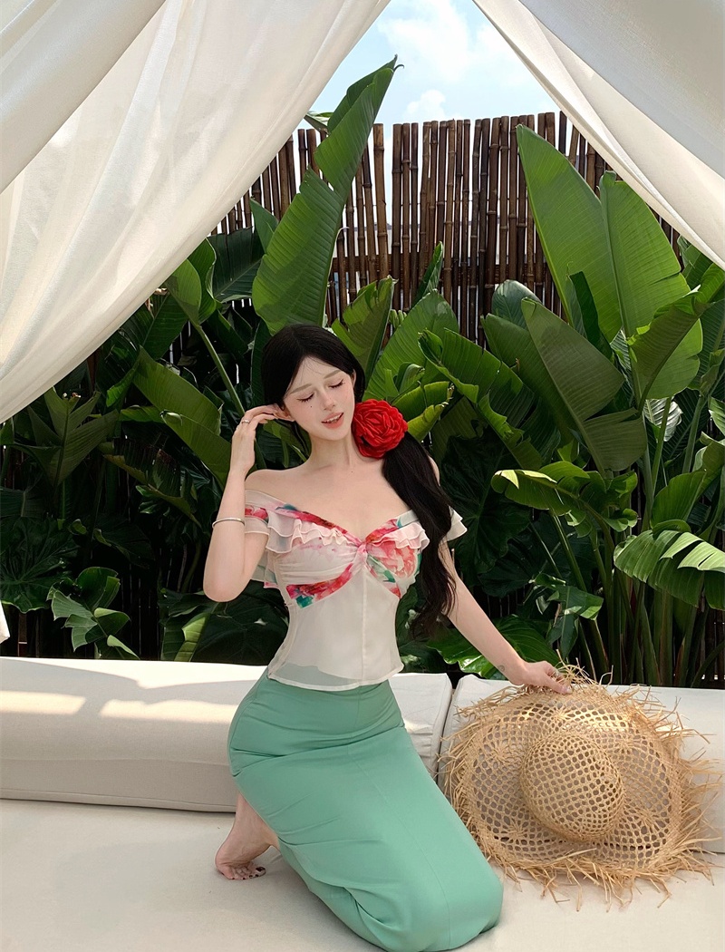Retro canvas horizontal collar tops printing skirt a set