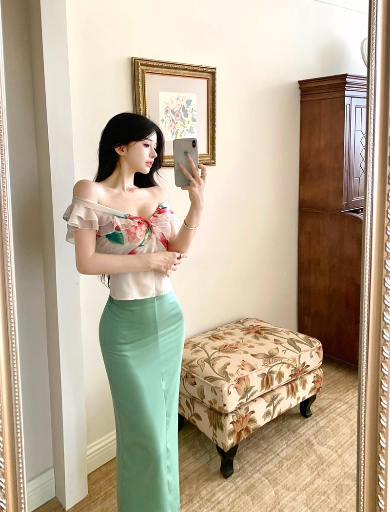 Retro canvas horizontal collar tops printing skirt a set