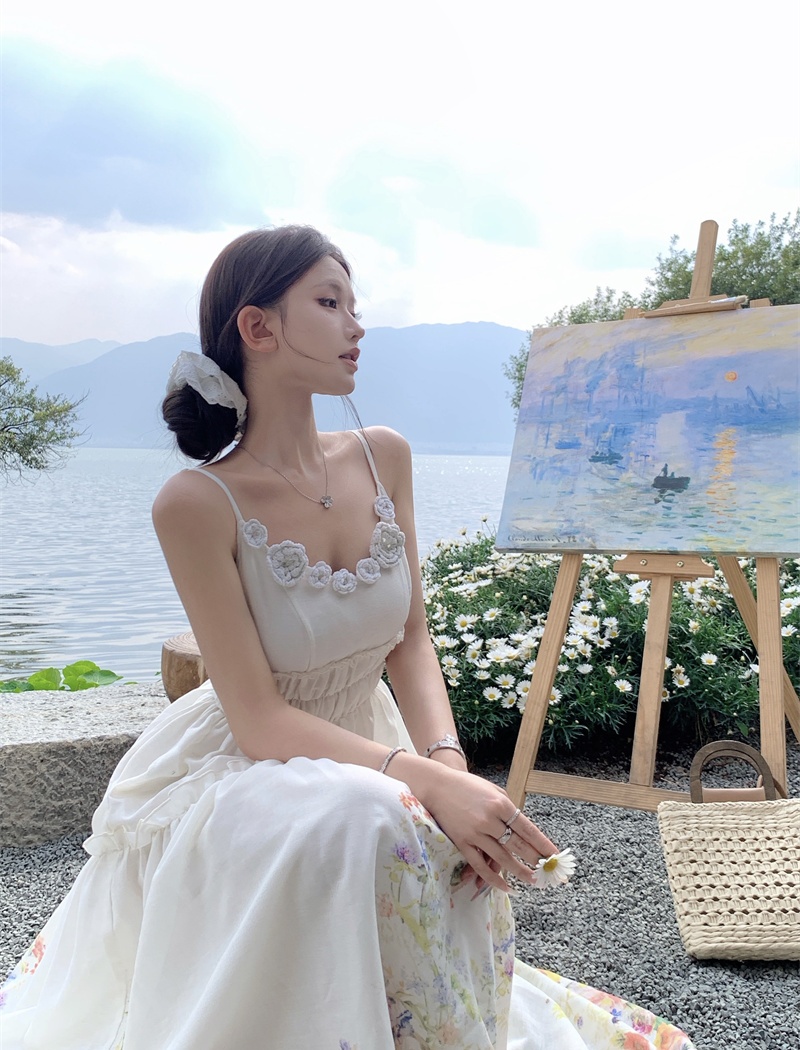 Sling vacation pinched waist stereoscopic flowers dress