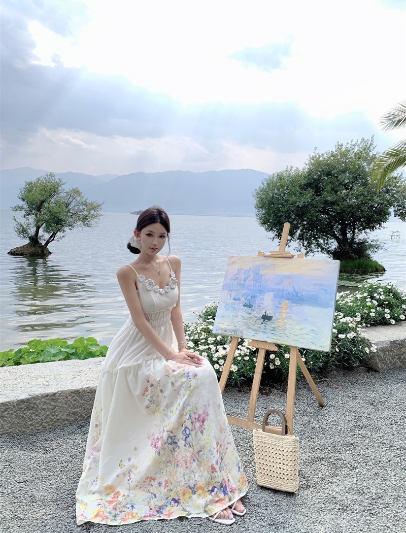 Sling vacation pinched waist stereoscopic flowers dress