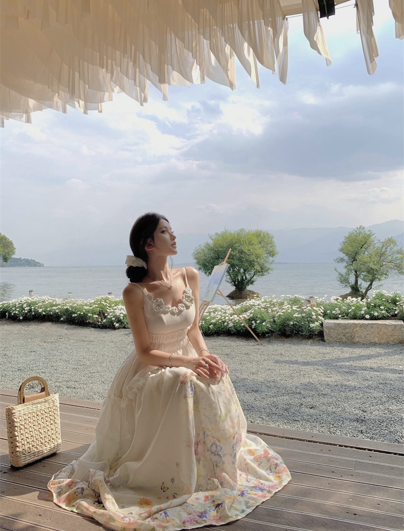 Sling vacation pinched waist stereoscopic flowers dress