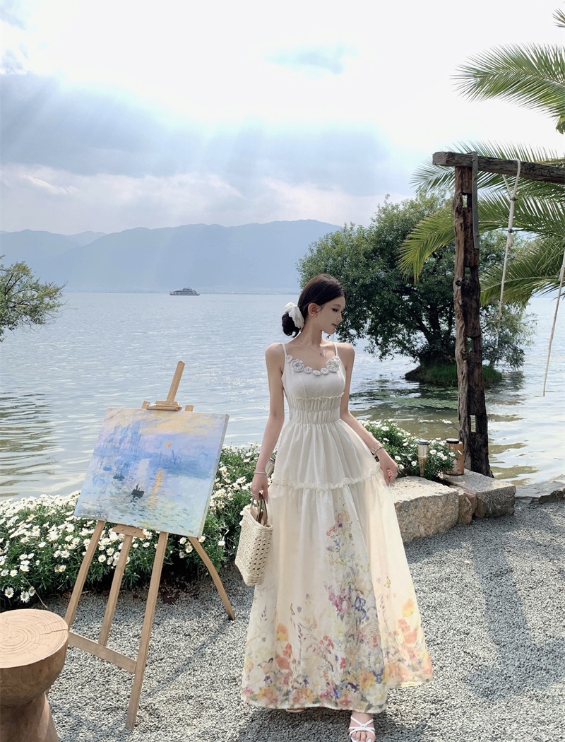 Sling vacation pinched waist stereoscopic flowers dress
